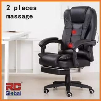 cushy leather chair with a massage option, a footrest, armrests, and a headrest