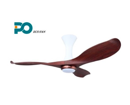 cherrywood ceiling fan with three angular blades, twisted in a half-spiral shape.