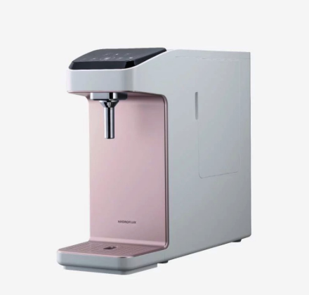 A pink bottleless water dispenser by Hydroflux