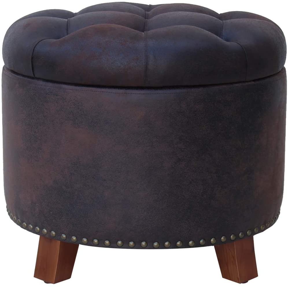 Nost & Host 19.5'' Ottoman with Storage Round Removable Button Tufted Lid Vintage Faux Leather Small Ottoman Coffee Table