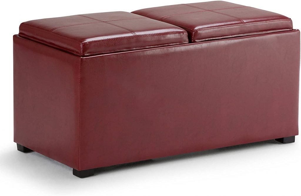 SIMPLIHOME Avalon 35 inch Wide Rectangle 5 Pc Storage Ottoman with 2 serving Trays in Upholstered Radicchio Red Faux Leather