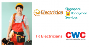 An electrician with tools and work attire with electric company logos