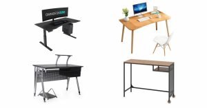 four computer desks against white background